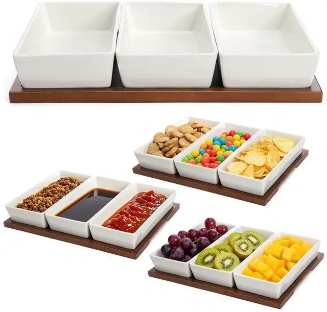 Main image of Elsjoy 3-Section Serving Tray, Wood Divided Serving Dish with Ceramic Bowls, 3-Compartment Food Platter Dipping Tray for Appetizer, Fruits, Bread