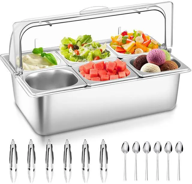 Main image of Countertop Food Serving Display Container with Clear Roll Top Cover, Stainless Steel Buffet Food Serving Tray, Condiment Serving Container Dispenser for Restaurant Kitchen Party(6 Compartments)