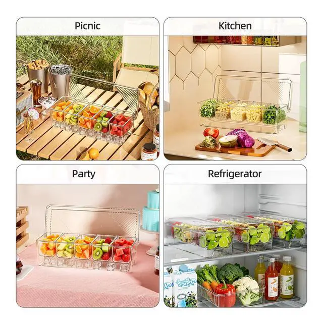 Alt view image 3 of 7 - Ice Chilled Condiment Caddy Containers Server with Lids Party Serving Tray | Plastic Serving Trays with 2 Clips 4 Forks Food Tray for Outdoor Party and Bar Condiment Caddy Lemonade Stand Supplies 2 Pa
