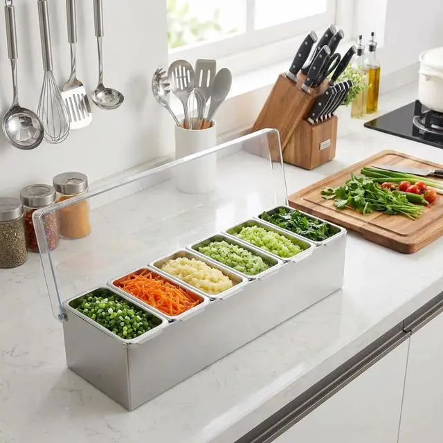 Alt view image 5 of 7 - Boao 6 Slot Ice Chilled Stainless Steel Condiment Caddy with 4 Ice Packs, 20oz Compartment Garnish Tray, Toppings Containers with Lids for Summer Bar BBQ Picnic Sauce Fruit Party Food Station