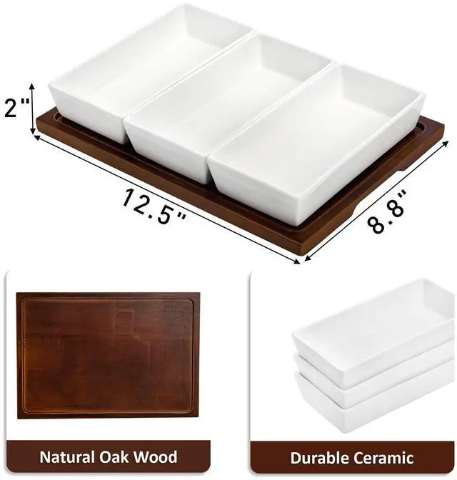 Alt view image 2 of 7 - Elsjoy 3-Section Serving Tray, Wood Divided Serving Dish with Ceramic Bowls, 3-Compartment Food Platter Dipping Tray for Appetizer, Fruits, Bread