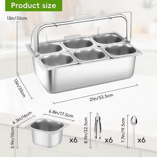 Alt view image 2 of 7 - Countertop Food Serving Display Container with Clear Roll Top Cover, Stainless Steel Buffet Food Serving Tray, Condiment Serving Container Dispenser for Restaurant Kitchen Party(6 Compartments)