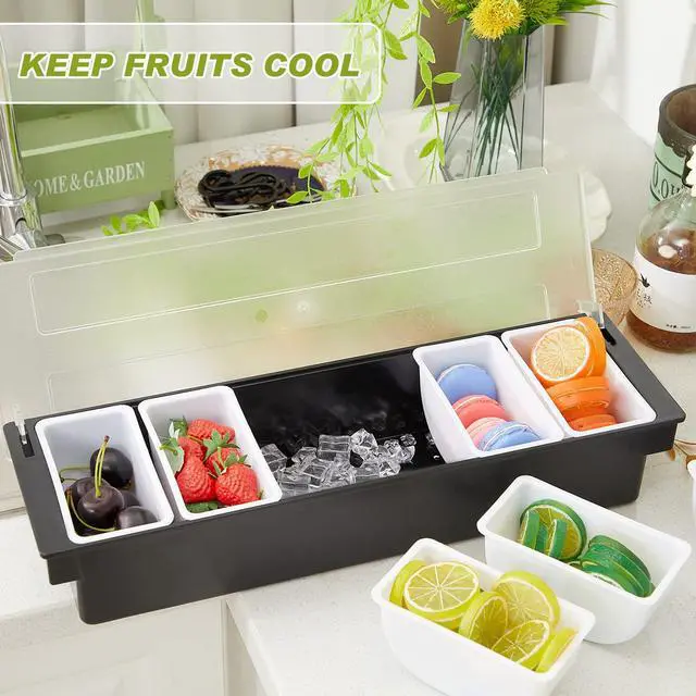 Alt view image 4 of 7 - 2 Pcs Bar Fruit Caddy with Lid Salad Condiment Server Black Plastic Garnish Tray Ice Chilled Condiment Caddy for Home Restaurant Bartending Serving Veggie Taco Salad Party Supplies(6 Compartments)