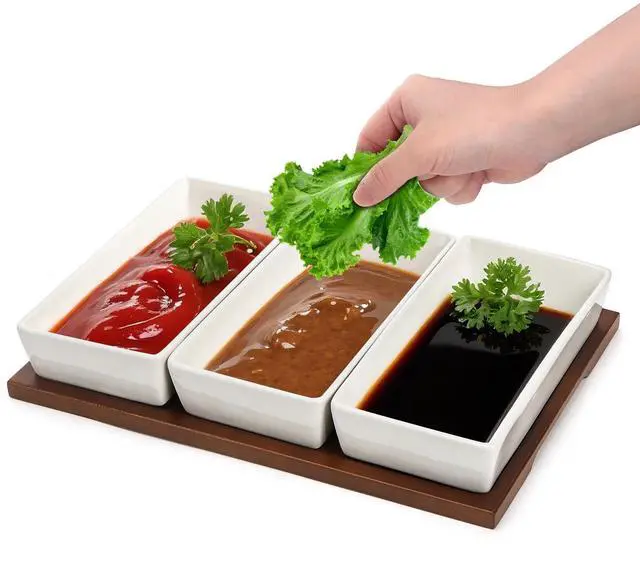 Alt view image 3 of 7 - Elsjoy 3-Section Serving Tray, Wood Divided Serving Dish with Ceramic Bowls, 3-Compartment Food Platter Dipping Tray for Appetizer, Fruits, Bread