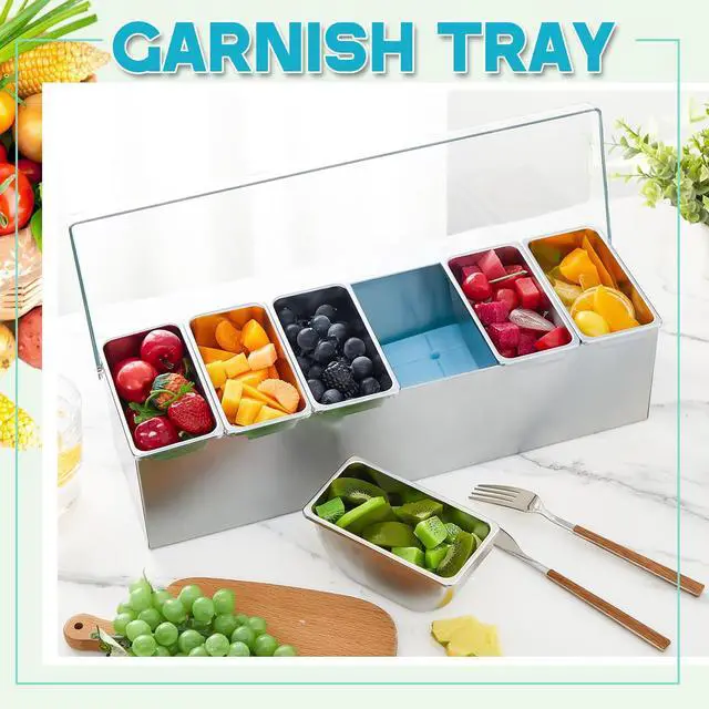 Alt view image 6 of 7 - Boao 6 Slot Ice Chilled Stainless Steel Condiment Caddy with 4 Ice Packs, 20oz Compartment Garnish Tray, Toppings Containers with Lids for Summer Bar BBQ Picnic Sauce Fruit Party Food Station