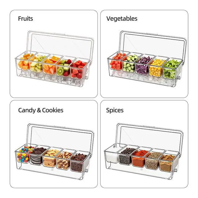 Alt view image 4 of 7 - Ice Chilled Condiment Caddy Containers Server with Lids Party Serving Tray | Plastic Serving Trays with 2 Clips 4 Forks Food Tray for Outdoor Party and Bar Condiment Caddy Lemonade Stand Supplies 2 Pa