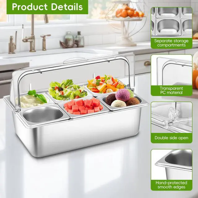 Alt view image 3 of 7 - Countertop Food Serving Display Container with Clear Roll Top Cover, Stainless Steel Buffet Food Serving Tray, Condiment Serving Container Dispenser for Restaurant Kitchen Party(6 Compartments)