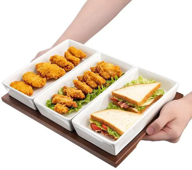 Alt view image 4 of 7 - Elsjoy 3-Section Serving Tray, Wood Divided Serving Dish with Ceramic Bowls, 3-Compartment Food Platter Dipping Tray for Appetizer, Fruits, Bread