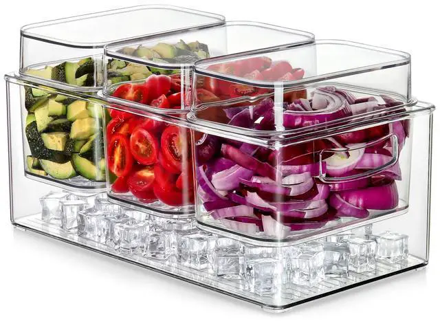 Alt view image 2 of 7 - Hudgan Large Taco Bar Serving Set for Party with 3 Separate Containers, Mimosa Bar Accessories with Lids, Chilled Condiment Caddy Organizer for Salad, Fruit, Party Garnish