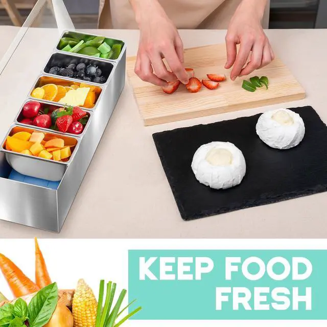 Alt view image 7 of 7 - Boao 6 Slot Ice Chilled Stainless Steel Condiment Caddy with 4 Ice Packs, 20oz Compartment Garnish Tray, Toppings Containers with Lids for Summer Bar BBQ Picnic Sauce Fruit Party Food Station
