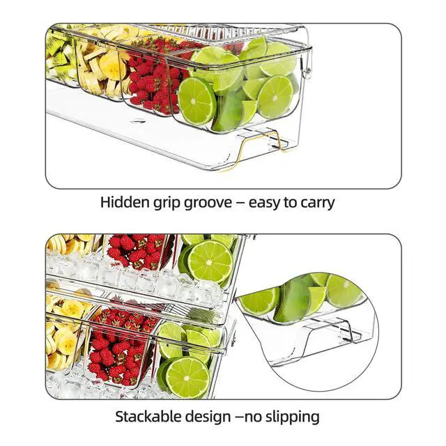 Alt view image 5 of 7 - Ice Chilled Condiment Caddy Containers Server with Lids Party Serving Tray | Plastic Serving Trays with 2 Clips 4 Forks Food Tray for Outdoor Party and Bar Condiment Caddy Lemonade Stand Supplies 2 Pa