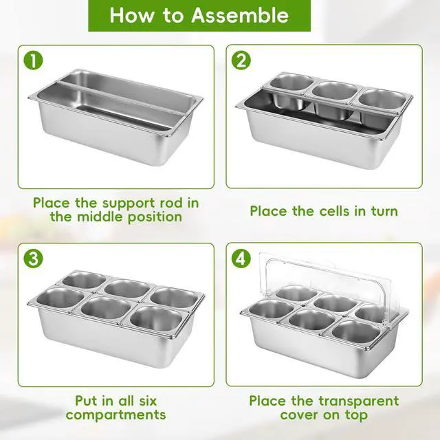 Alt view image 4 of 7 - Countertop Food Serving Display Container with Clear Roll Top Cover, Stainless Steel Buffet Food Serving Tray, Condiment Serving Container Dispenser for Restaurant Kitchen Party(6 Compartments)