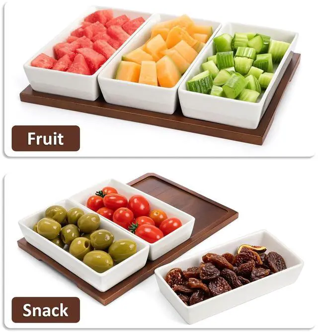 Alt view image 5 of 7 - Elsjoy 3-Section Serving Tray, Wood Divided Serving Dish with Ceramic Bowls, 3-Compartment Food Platter Dipping Tray for Appetizer, Fruits, Bread