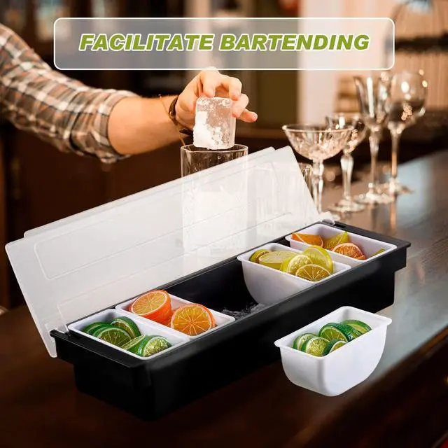 Alt view image 6 of 7 - 2 Pcs Bar Fruit Caddy with Lid Salad Condiment Server Black Plastic Garnish Tray Ice Chilled Condiment Caddy for Home Restaurant Bartending Serving Veggie Taco Salad Party Supplies(6 Compartments)