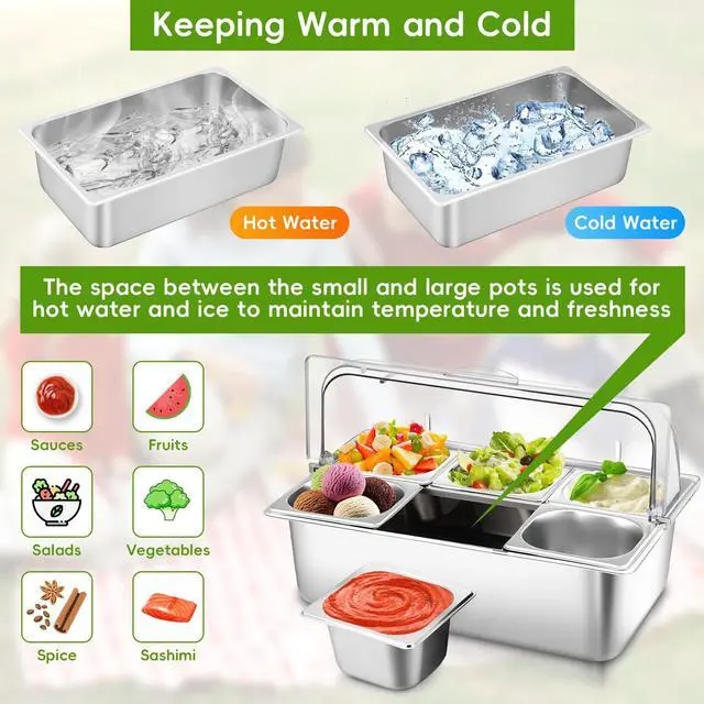 Alt view image 5 of 7 - Countertop Food Serving Display Container with Clear Roll Top Cover, Stainless Steel Buffet Food Serving Tray, Condiment Serving Container Dispenser for Restaurant Kitchen Party(6 Compartments)