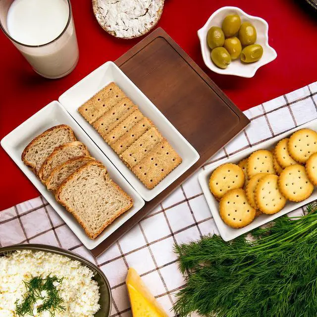 Alt view image 6 of 7 - Elsjoy 3-Section Serving Tray, Wood Divided Serving Dish with Ceramic Bowls, 3-Compartment Food Platter Dipping Tray for Appetizer, Fruits, Bread