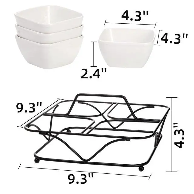 Alt view image 2 of 7 - Pumtus Ceramic Divided Serving Dishes, 4 Removable Snack Bowls with Metal Stand, 9 Inch Appetizer Platter with Handle, Dip Bowls for Party, Condiment Serving Relish Tray for Chips & Dips, Nut, Candy