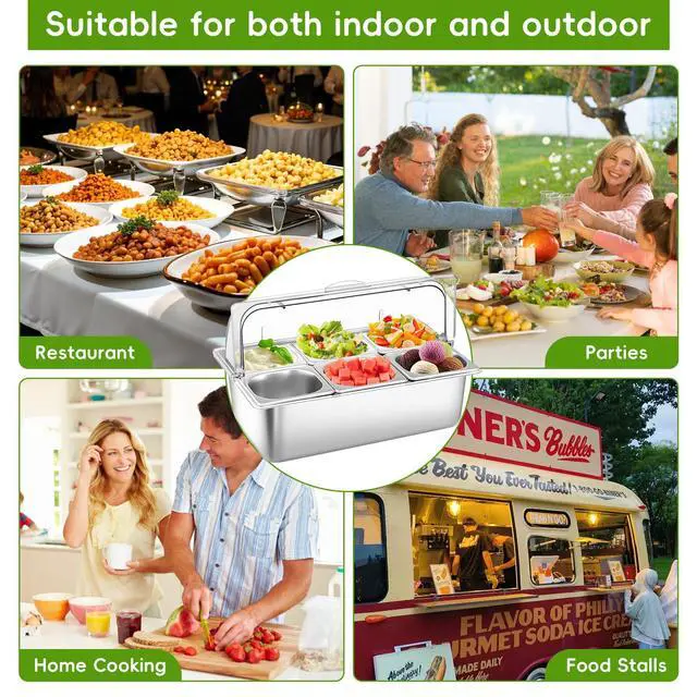 Alt view image 6 of 7 - Countertop Food Serving Display Container with Clear Roll Top Cover, Stainless Steel Buffet Food Serving Tray, Condiment Serving Container Dispenser for Restaurant Kitchen Party(6 Compartments)