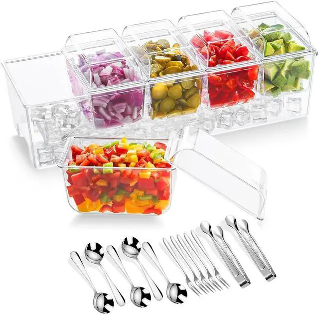 Main image of Condiment Containers with lids Stainless Steel 5 Spoons, 5 Forks and 2 Tong | Chilled Serving Trays for Party 5 Removable Containers 20oz each Condiment Caddy for Bar Accessories Fruit and Salad Taco
