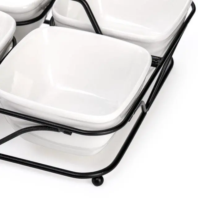 Alt view image 3 of 7 - Pumtus Ceramic Divided Serving Dishes, 4 Removable Snack Bowls with Metal Stand, 9 Inch Appetizer Platter with Handle, Dip Bowls for Party, Condiment Serving Relish Tray for Chips & Dips, Nut, Candy