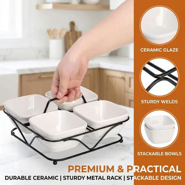 Alt view image 4 of 7 - Pumtus Ceramic Divided Serving Dishes, 4 Removable Snack Bowls with Metal Stand, 9 Inch Appetizer Platter with Handle, Dip Bowls for Party, Condiment Serving Relish Tray for Chips & Dips, Nut, Candy