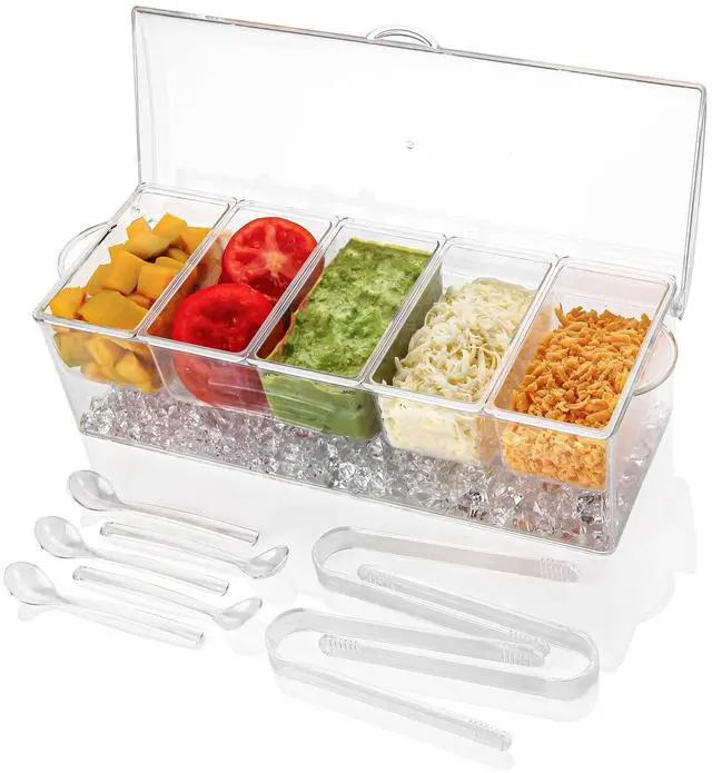 Main image of Ice Chilled 5 Compartment Condiment Server Caddy | Fruit Serving Tray | Condiment Pots with 5 Removable Dishes Over 2 Cup Capacity Each and Hinged Lid