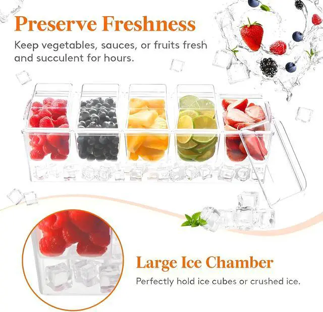 Alt view image 2 of 7 - Condiment Containers with lids Stainless Steel 5 Spoons, 5 Forks and 2 Tong | Chilled Serving Trays for Party 5 Removable Containers 20oz each Condiment Caddy for Bar Accessories Fruit and Salad Taco