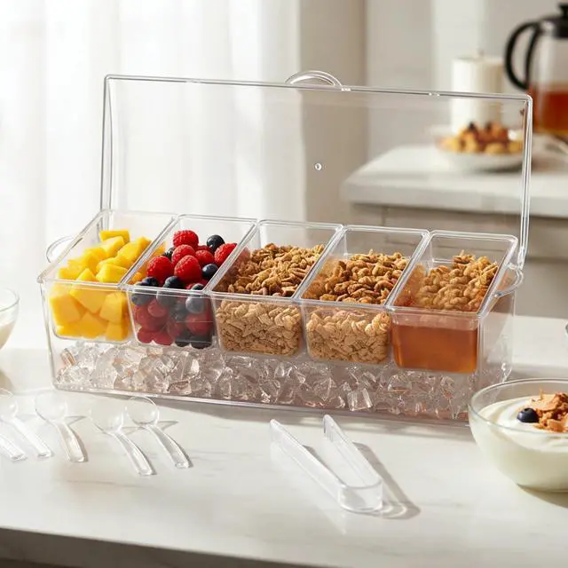 Alt view image 2 of 6 - Ice Chilled 5 Compartment Condiment Server Caddy | Fruit Serving Tray | Condiment Pots with 5 Removable Dishes Over 2 Cup Capacity Each and Hinged Lid