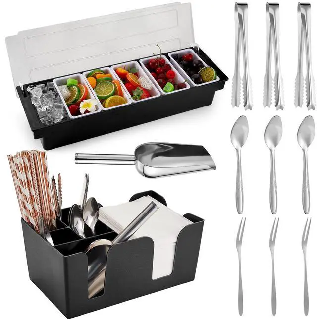 Main image of Tessco for you Garnish Tray with Lid Bar Caddy Ice Cooled Condiment Serving Container with Ice Scoop Metal Mini Serving Tongs Fruit Fork Spoons for Food Home Party Kitchen(Plastic,6 Grids)