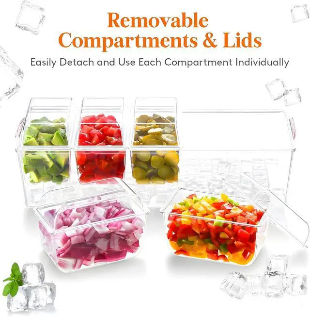 Alt view image 3 of 7 - Condiment Containers with lids Stainless Steel 5 Spoons, 5 Forks and 2 Tong | Chilled Serving Trays for Party 5 Removable Containers 20oz each Condiment Caddy for Bar Accessories Fruit and Salad Taco