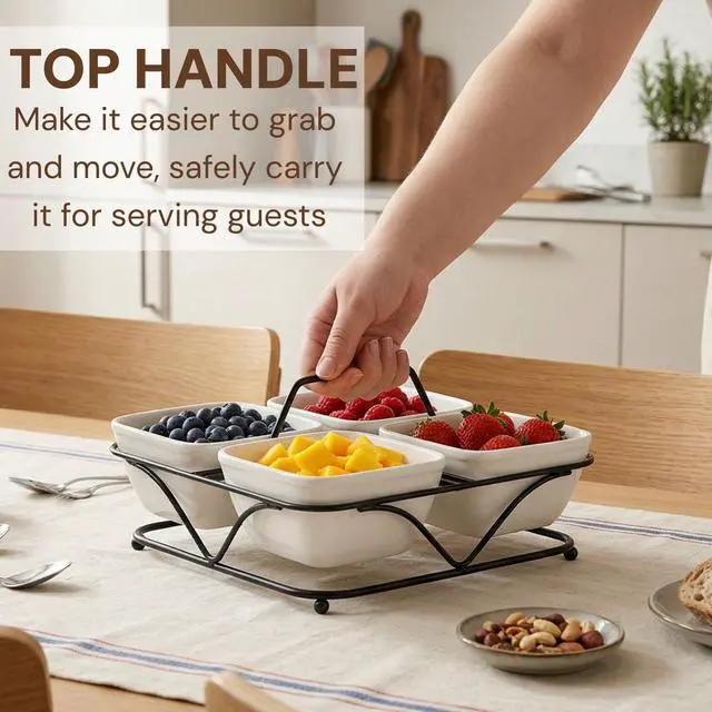 Alt view image 6 of 7 - Pumtus Ceramic Divided Serving Dishes, 4 Removable Snack Bowls with Metal Stand, 9 Inch Appetizer Platter with Handle, Dip Bowls for Party, Condiment Serving Relish Tray for Chips & Dips, Nut, Candy