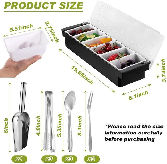 Alt view image 2 of 6 - Tessco for you Garnish Tray with Lid Bar Caddy Ice Cooled Condiment Serving Container with Ice Scoop Metal Mini Serving Tongs Fruit Fork Spoons for Food Home Party Kitchen(Plastic,6 Grids)