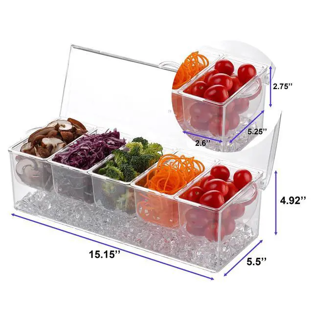 Alt view image 3 of 6 - Ice Chilled 5 Compartment Condiment Server Caddy | Fruit Serving Tray | Condiment Pots with 5 Removable Dishes Over 2 Cup Capacity Each and Hinged Lid