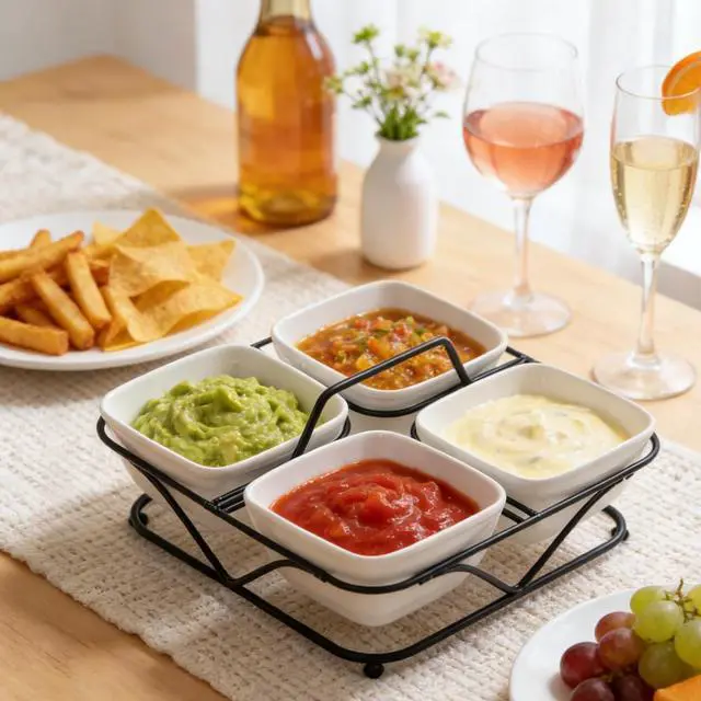 Alt view image 7 of 7 - Pumtus Ceramic Divided Serving Dishes, 4 Removable Snack Bowls with Metal Stand, 9 Inch Appetizer Platter with Handle, Dip Bowls for Party, Condiment Serving Relish Tray for Chips & Dips, Nut, Candy