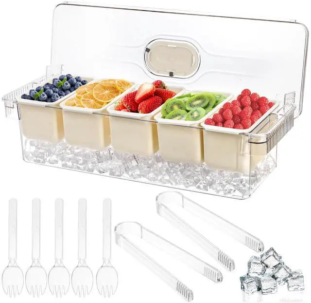 Main image of Large Ice Chilled Condiment Server with Lid, 5 Compartment Chilled Condiment Caddy, Taco Bar Serving Tray, Garnish Holder Tray for Bartenders Mimosa Salad Soda Bar Supplies, 2 Tongs, 5 Forks