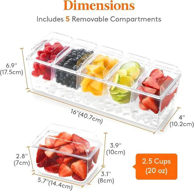 Alt view image 4 of 7 - Condiment Containers with lids Stainless Steel 5 Spoons, 5 Forks and 2 Tong | Chilled Serving Trays for Party 5 Removable Containers 20oz each Condiment Caddy for Bar Accessories Fruit and Salad Taco