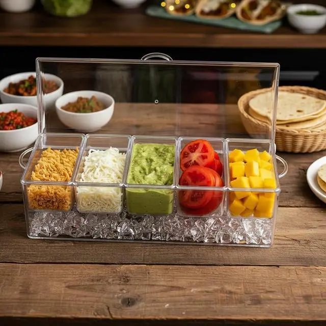 Alt view image 4 of 6 - Ice Chilled 5 Compartment Condiment Server Caddy | Fruit Serving Tray | Condiment Pots with 5 Removable Dishes Over 2 Cup Capacity Each and Hinged Lid