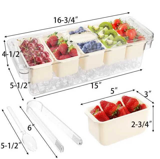 Alt view image 2 of 7 - Large Ice Chilled Condiment Server with Lid, 5 Compartment Chilled Condiment Caddy, Taco Bar Serving Tray, Garnish Holder Tray for Bartenders Mimosa Salad Soda Bar Supplies, 2 Tongs, 5 Forks