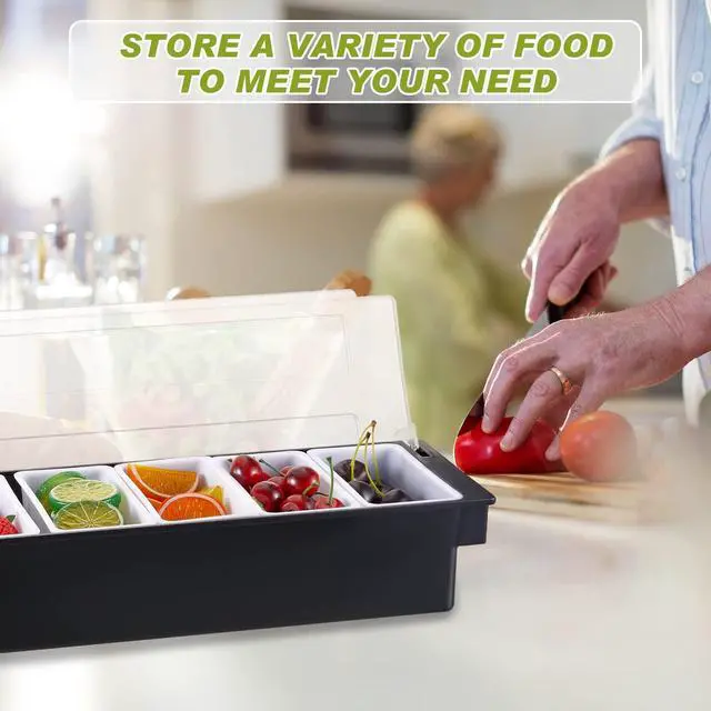 Alt view image 4 of 6 - Tessco for you Garnish Tray with Lid Bar Caddy Ice Cooled Condiment Serving Container with Ice Scoop Metal Mini Serving Tongs Fruit Fork Spoons for Food Home Party Kitchen(Plastic,6 Grids)