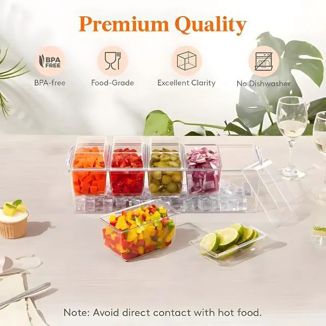 Alt view image 5 of 7 - Condiment Containers with lids Stainless Steel 5 Spoons, 5 Forks and 2 Tong | Chilled Serving Trays for Party 5 Removable Containers 20oz each Condiment Caddy for Bar Accessories Fruit and Salad Taco