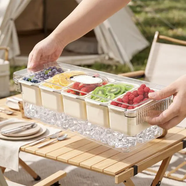 Alt view image 3 of 7 - Large Ice Chilled Condiment Server with Lid, 5 Compartment Chilled Condiment Caddy, Taco Bar Serving Tray, Garnish Holder Tray for Bartenders Mimosa Salad Soda Bar Supplies, 2 Tongs, 5 Forks