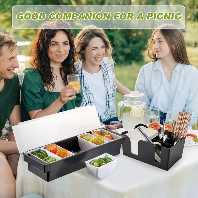 Alt view image 5 of 6 - Tessco for you Garnish Tray with Lid Bar Caddy Ice Cooled Condiment Serving Container with Ice Scoop Metal Mini Serving Tongs Fruit Fork Spoons for Food Home Party Kitchen(Plastic,6 Grids)