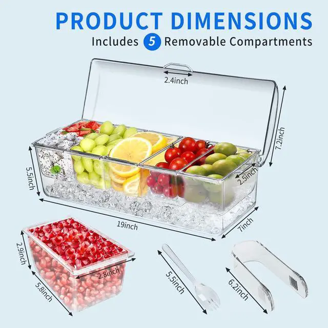 Alt view image 2 of 5 - Ice Chilled Condiment Caddy, Condiment Containers with Lids,Serving Tray | mimosa bar supplies,5 Removable Compartments (2.5 cup),fruit tray,hosting essentials,catering supplies