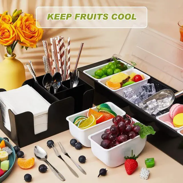 Alt view image 6 of 6 - Tessco for you Garnish Tray with Lid Bar Caddy Ice Cooled Condiment Serving Container with Ice Scoop Metal Mini Serving Tongs Fruit Fork Spoons for Food Home Party Kitchen(Plastic,6 Grids)