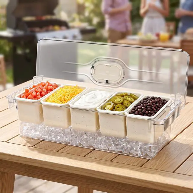 Alt view image 5 of 7 - Large Ice Chilled Condiment Server with Lid, 5 Compartment Chilled Condiment Caddy, Taco Bar Serving Tray, Garnish Holder Tray for Bartenders Mimosa Salad Soda Bar Supplies, 2 Tongs, 5 Forks