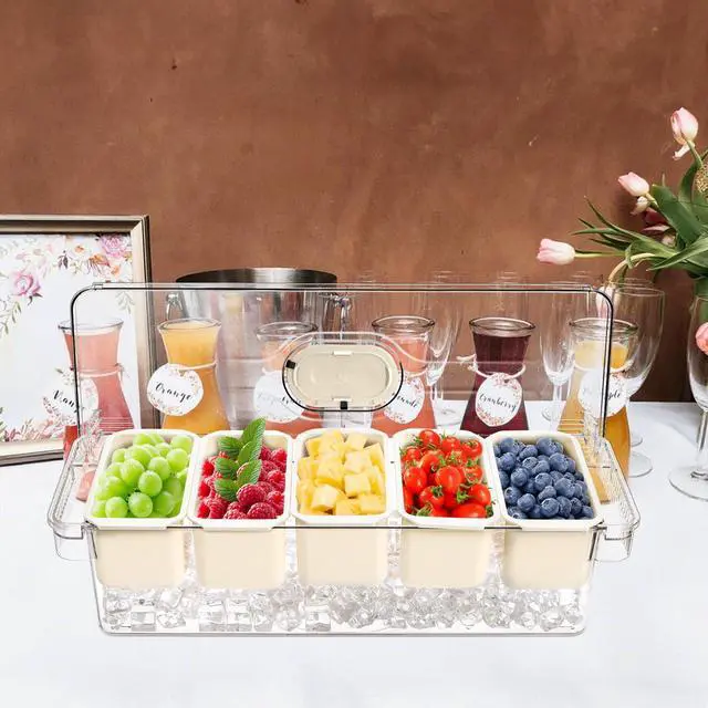 Alt view image 6 of 7 - Large Ice Chilled Condiment Server with Lid, 5 Compartment Chilled Condiment Caddy, Taco Bar Serving Tray, Garnish Holder Tray for Bartenders Mimosa Salad Soda Bar Supplies, 2 Tongs, 5 Forks