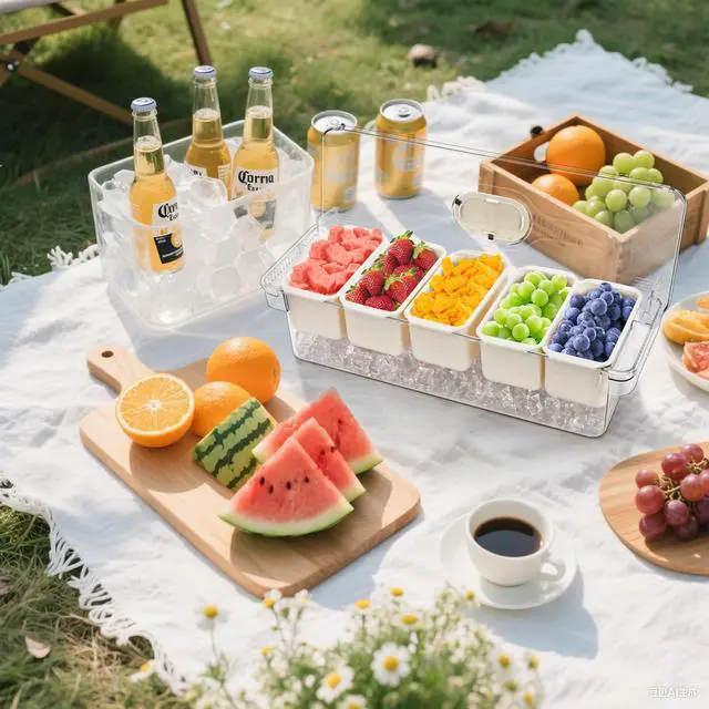 Alt view image 7 of 7 - Large Ice Chilled Condiment Server with Lid, 5 Compartment Chilled Condiment Caddy, Taco Bar Serving Tray, Garnish Holder Tray for Bartenders Mimosa Salad Soda Bar Supplies, 2 Tongs, 5 Forks