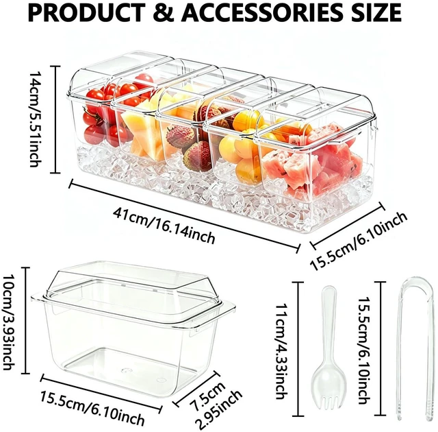 Alt view image 2 of 7 - Chilled Condiment Caddy Server Taco Bar Party Serving Set with 5 Containers & Lids for Fruit Salad Snack Food, Ice Garnish Tray Platter for Dirty Soda, Mimosa Bar Supplies