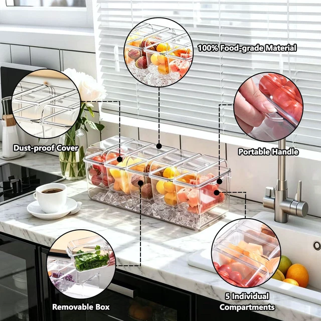 Alt view image 3 of 7 - Chilled Condiment Caddy Server Taco Bar Party Serving Set with 5 Containers & Lids for Fruit Salad Snack Food, Ice Garnish Tray Platter for Dirty Soda, Mimosa Bar Supplies