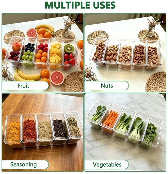 Alt view image 4 of 7 - Chilled Condiment Caddy Server Taco Bar Party Serving Set with 5 Containers & Lids for Fruit Salad Snack Food, Ice Garnish Tray Platter for Dirty Soda, Mimosa Bar Supplies